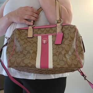 Coach Brown and Pink Tote Bag with Signature Pink And White Design